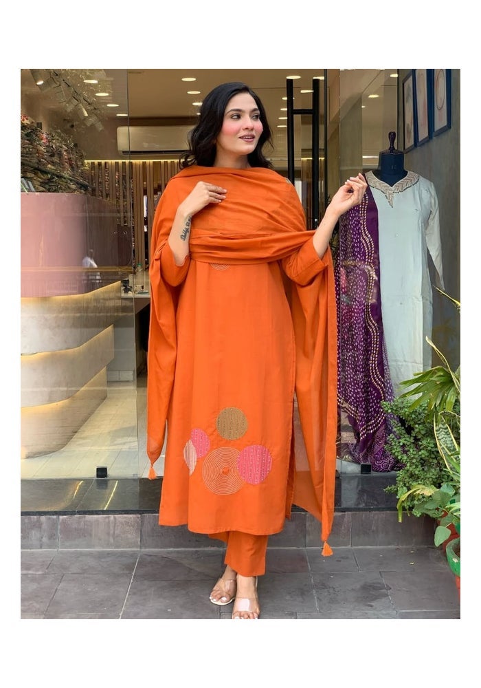 Malishka Export طقم كورتا بنطال من رايون برتقالي مزخرف للنساء - Image 3